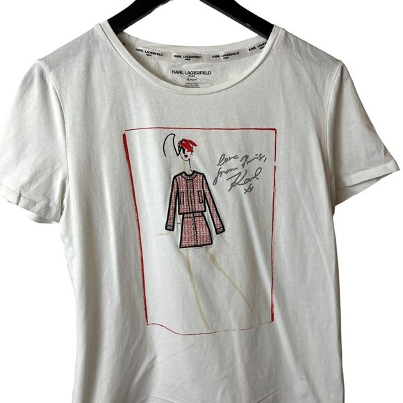 Karl Lagerfeld  Love From Paris T Shirt Womens White Medium M Fashion Designer - Picture 2 of 12